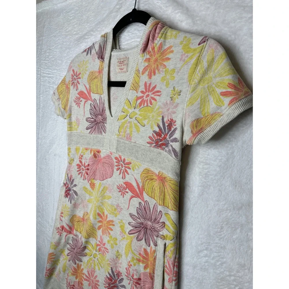 Old Navy Floral Hooded Dress Girls XL Cream Pink Yellow Y2K Short Sleeve Pocket